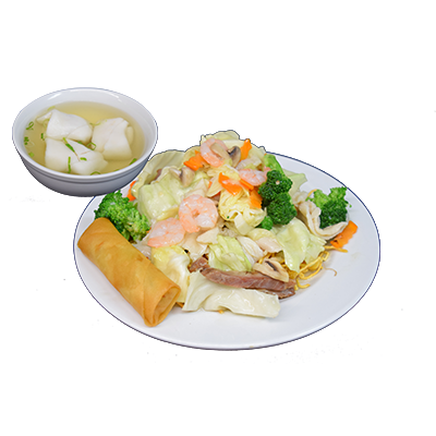 S7  Chow mein à la cantonaise (porc, poulet et crevettes) - Soupe & Roll